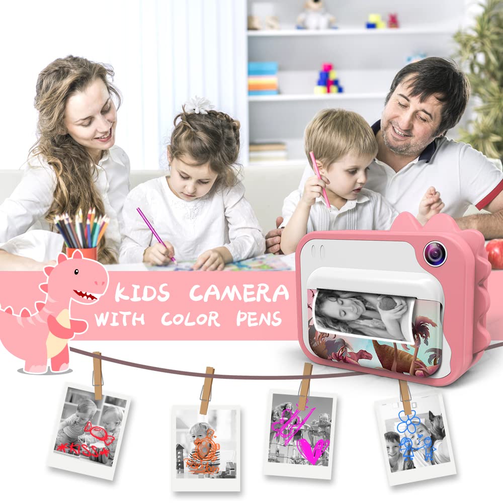 Ukuu Macchina Fotografica Istantanea per Bambini, 1080P Digitale Fotocamera Istantanea 2,4 Pollici Schermo con 32GB Scheda SD, 5 Penne colorate,Regalo di Compleanno per Bambini Dai 3 ai 12 Anni - Rosa