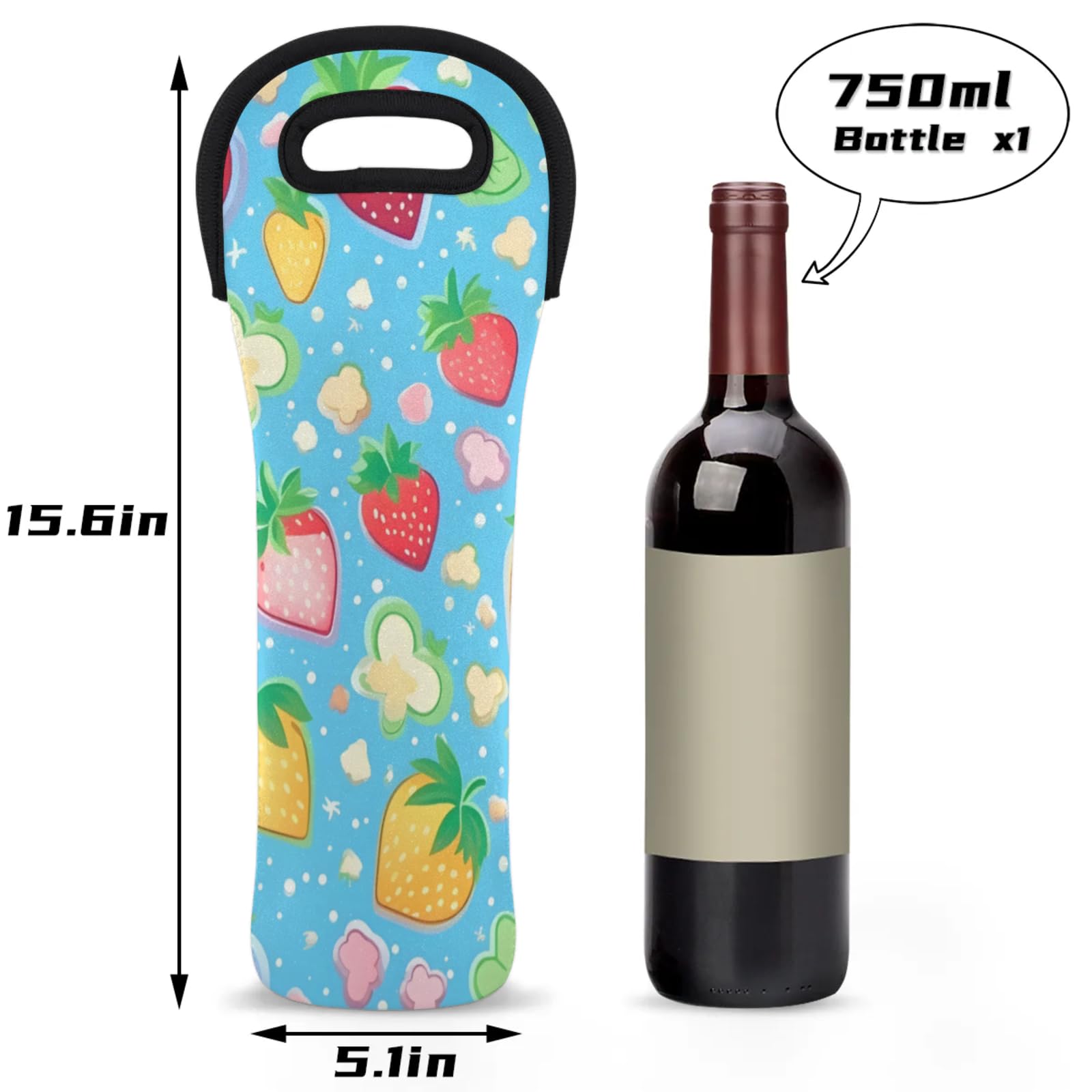 Neoprene Wine Tote Carrier Bag for Wine,Water, Champagne, Beer, Baby Bottles 15.6 x 5.1 Inches, Protective Wine Bag,Strawberry
