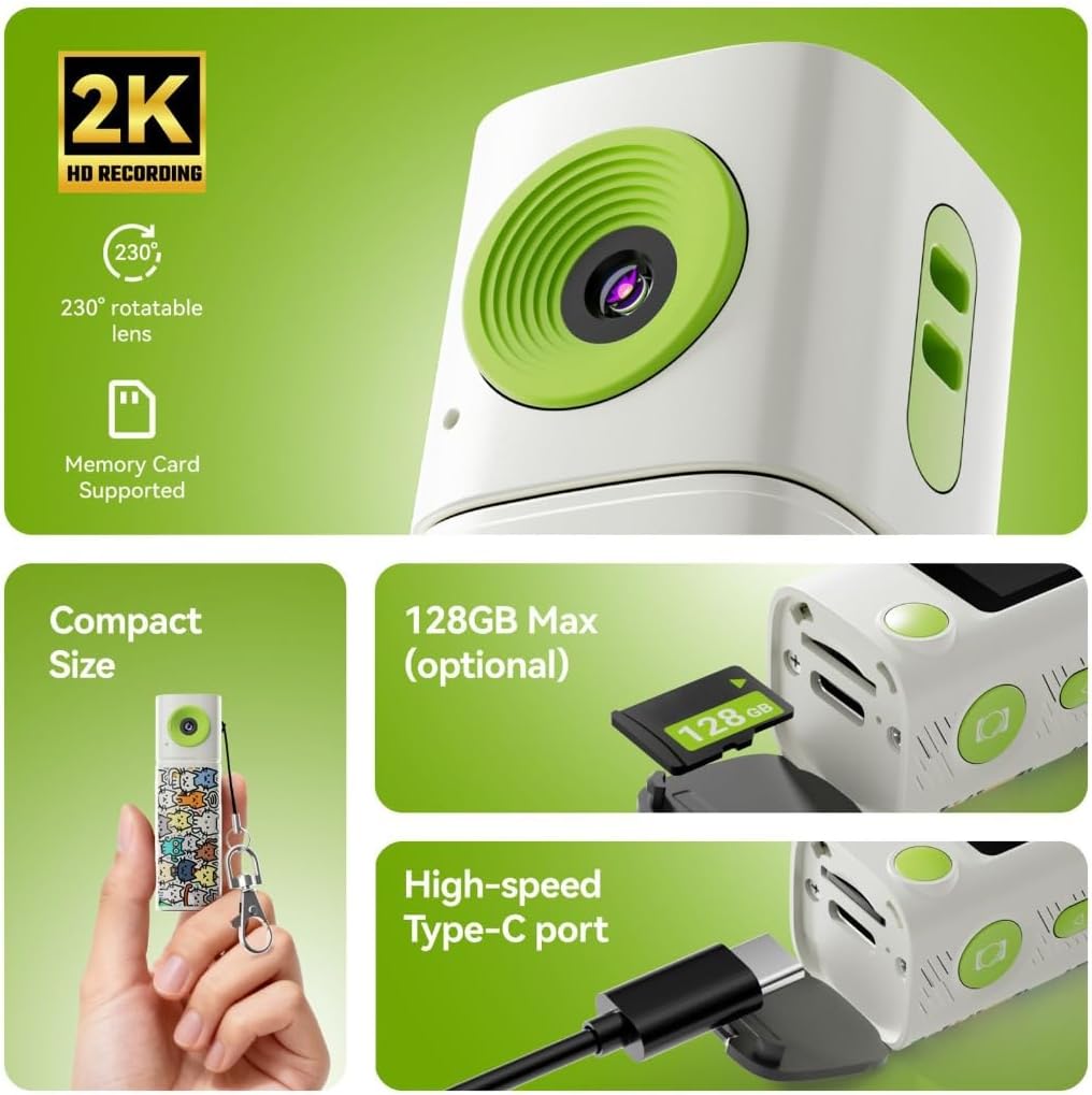 Pocket Sized Keychain Camcorder 2K Resolution with 32GB Storage Flip Selfies Lens