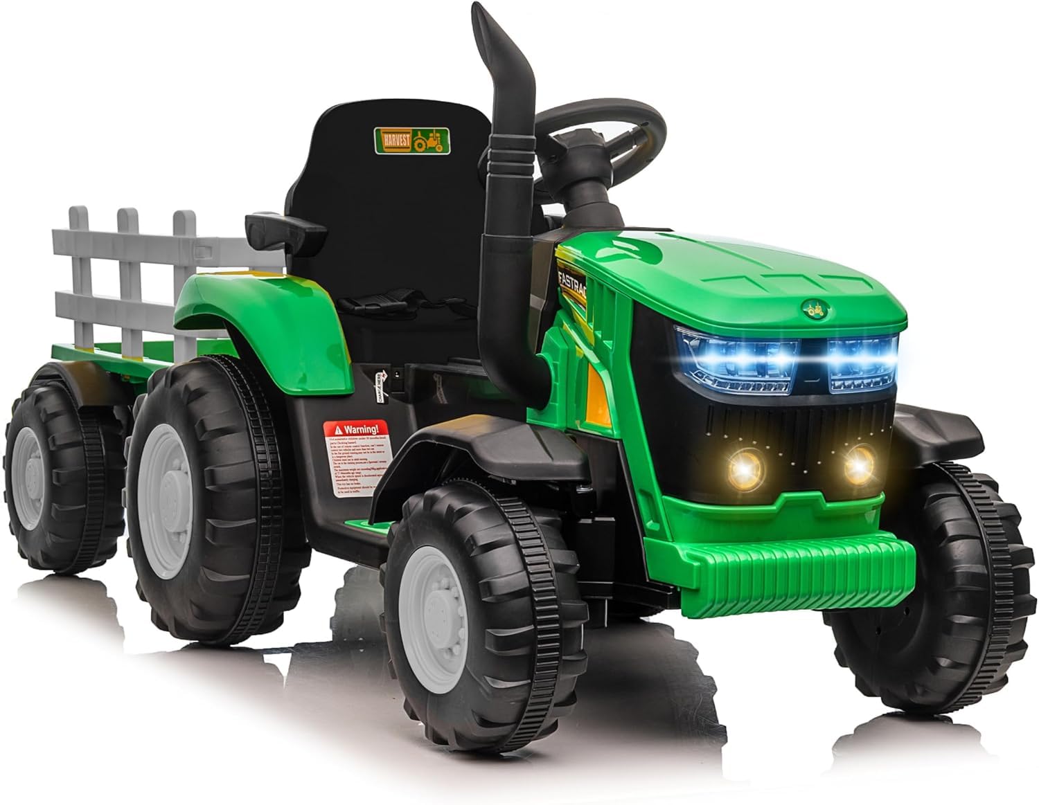 Trattore Elettrico per Bambini 12V con Ruote in Gomma e Rimorchio – Maxi Trattore a Batteria con Telecomando, Soft Start, Cintura di Sicurezza, Luci LED, MP3 USB, 2 Motori 35W (Verde)