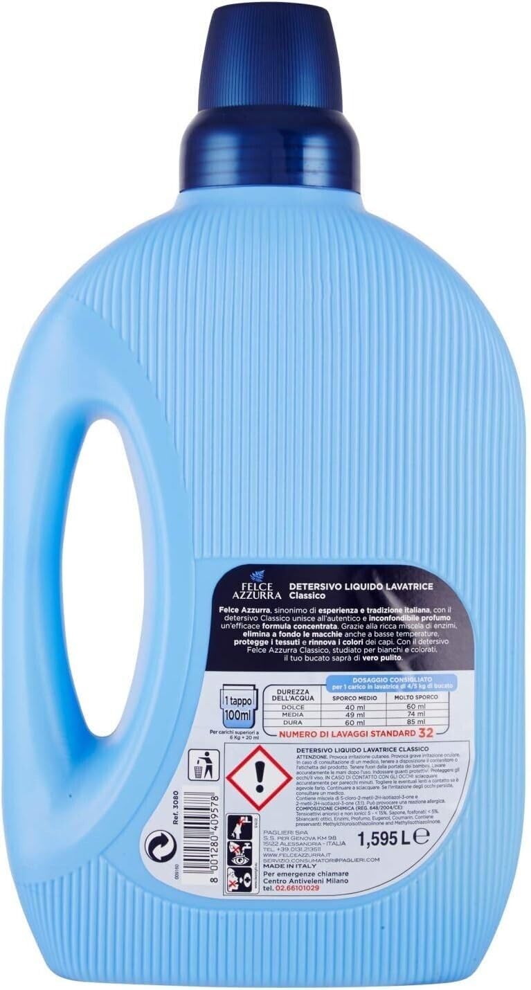8er-Pack Felce Azzurra Lavatrice Classico,Waschmaschine Flüssig Flüssigwaschmittel für die Waschmaschine Wirksam bei Kälte, für Weiß- und Buntwäsche,32 Wäschen 1595ml