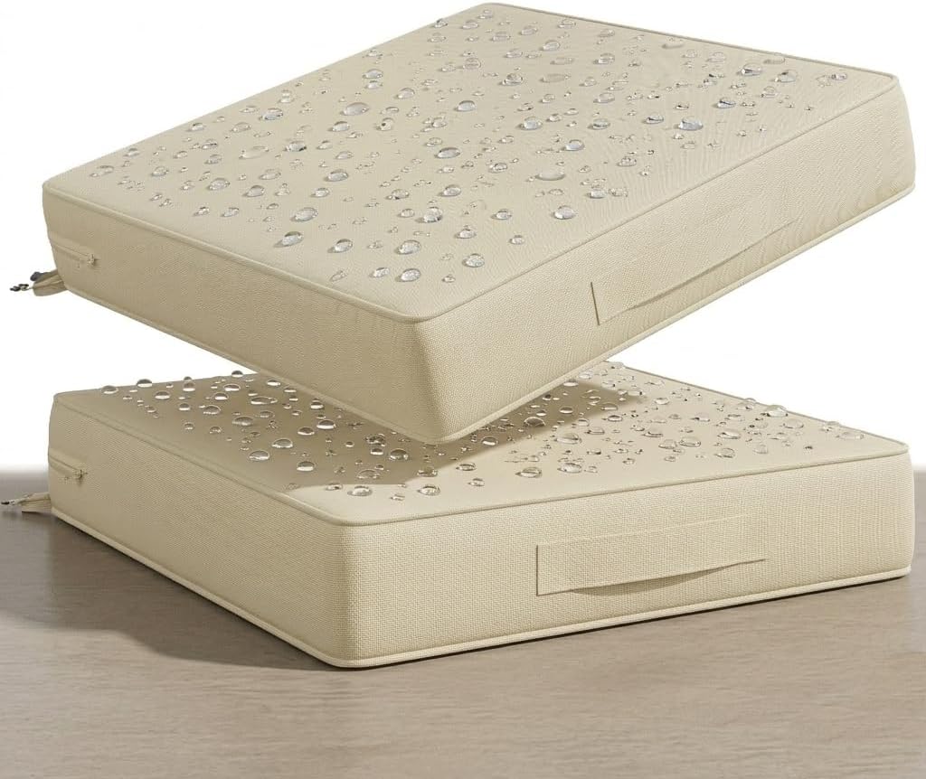 Codi 24x24'' Outdoor Cushions for Patio Furniture, Waterproof Chair Seat Cushion with Handles & Adjustable Straps, Fade Resistant - Set of 2, Beige