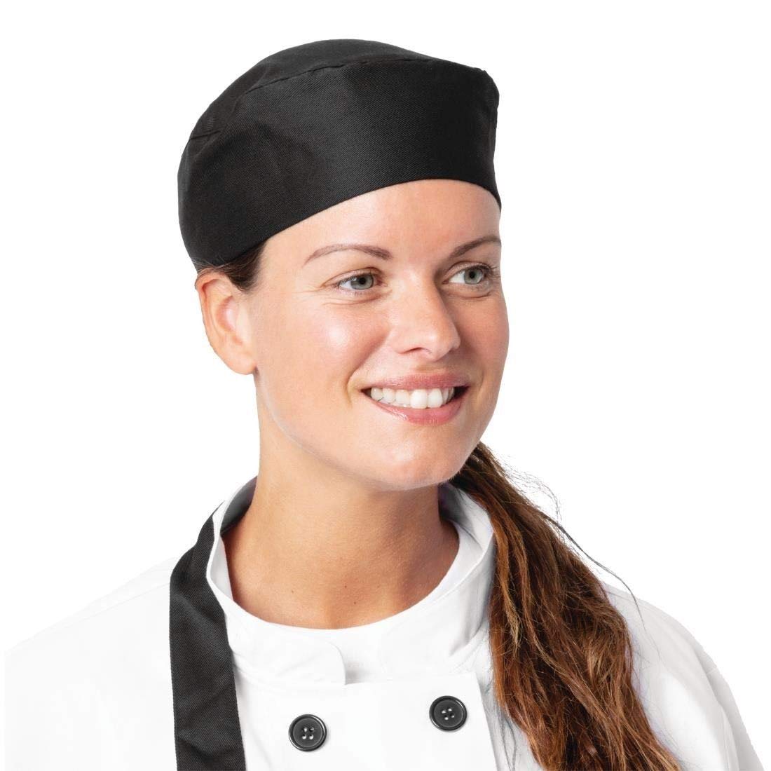 NISBETS Essentials Chef Skull Caps in Black Polycotton with Elasticated Back - One Size - Pack of 2