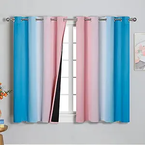 Ombre Pink and Blue Blackout Curtains 45 Inches Long, Full Light Blocking Curtains for Bedroom, Wavy Line Pattern Grommet Thermal Insulated Gradient Drapes for Living Room,52x45 Inch, 2 Panels
