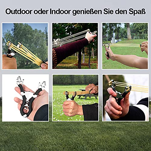 Foto von Deweey Steinschleuder Zwille Set, Edelstahl Schleuder Katapult Slingshot Sportschleuder mit 2er Ersatzgummi + 100 St. Rundkugeln