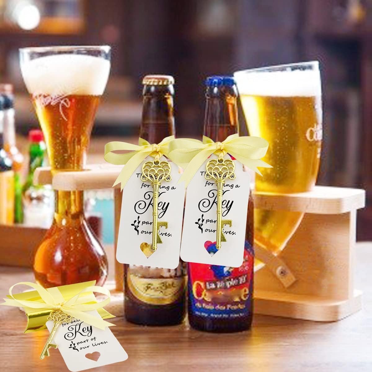 WODEGIFT 100 PCS Skeleton Key Bottle Opener,Wedding Favors for Guests,Wedding Gifts for Guests with Candy Box, Thank You Card and Ribbon (Gold)