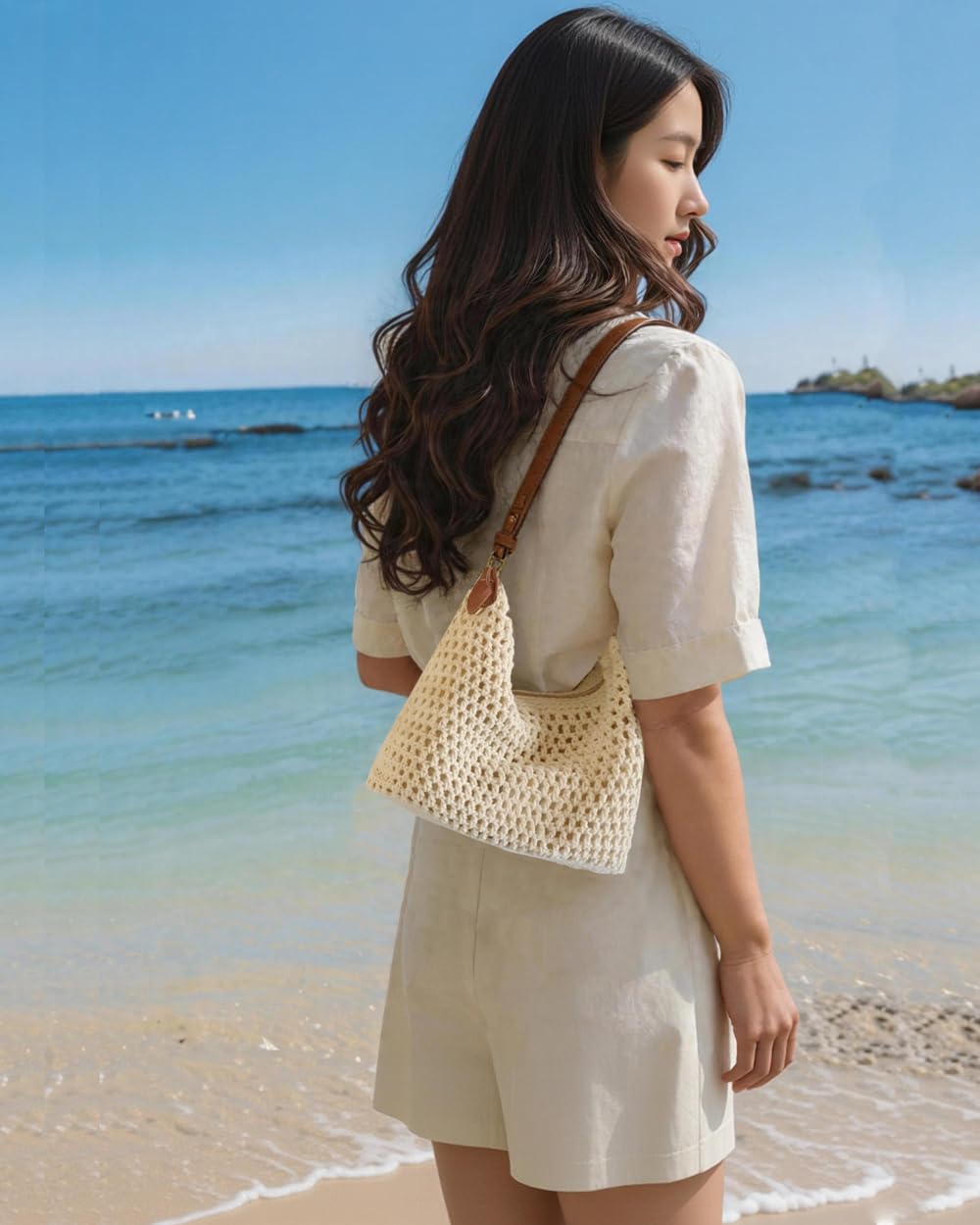 Ulisty Damen Baumwolle Häkeln Maschen-Tasche Handgewebte Sommer Strand Tragetasche Gestrickt Urlaub Hobo Schnur Tasche Bohemian Shopper Schulter Handtasche