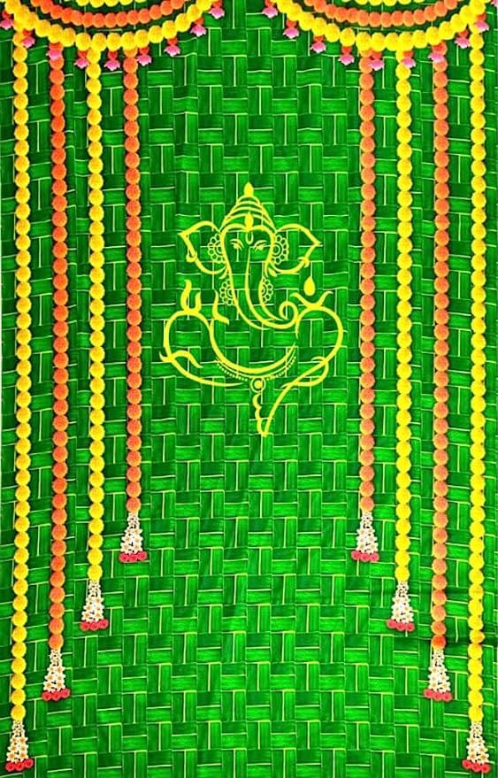 Image of Banana Leaf Design Backdrop Decoration Pooja Cloth (5 * 8 FT) (Banana 12)