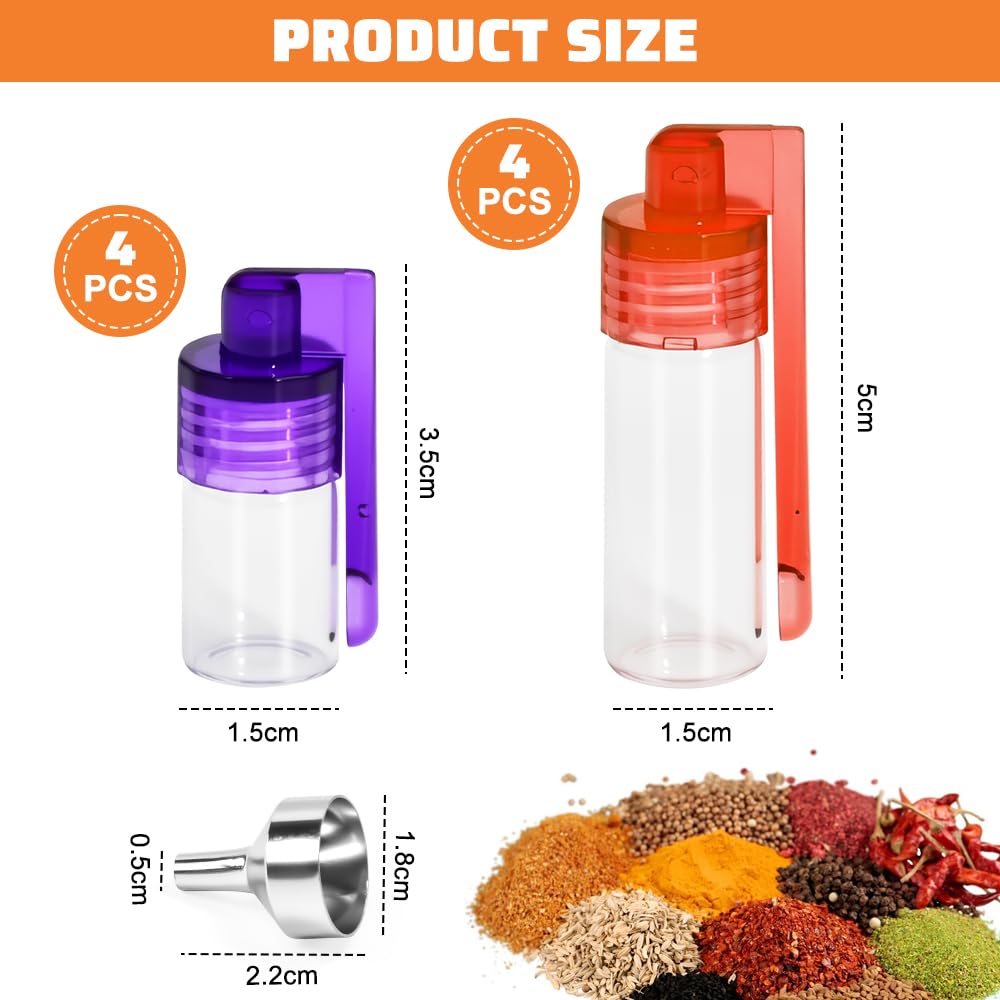 8 Pz Mini Barattolo di Spezie con Cucchiaio, Barattolini Vetro Piccoli con Tappo, Contenitori per Sale, Pepe da Cucina, 2 Misure Dosatore in Polvere con 1 Imbuto, Barattoli di Spezie Sigillati