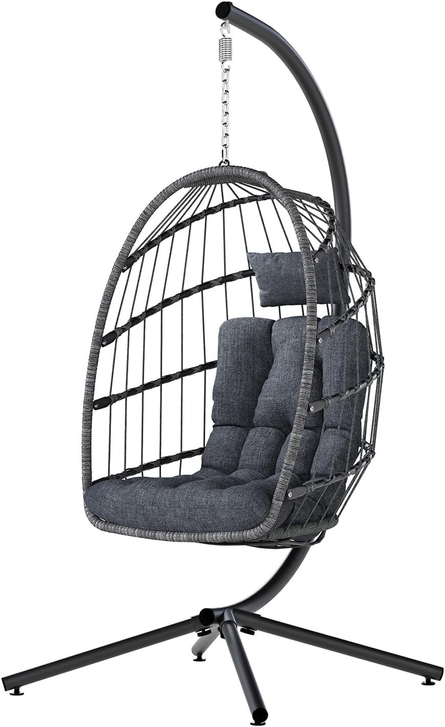 Hanging Egg Chair with Stand, Indoor Outdoor Wicker Patio Egg Swing Chair with Cushion for 350LBS Capacity, Hanging Hammock Chair for Bedroom, Garden, Porch - Dark Grey