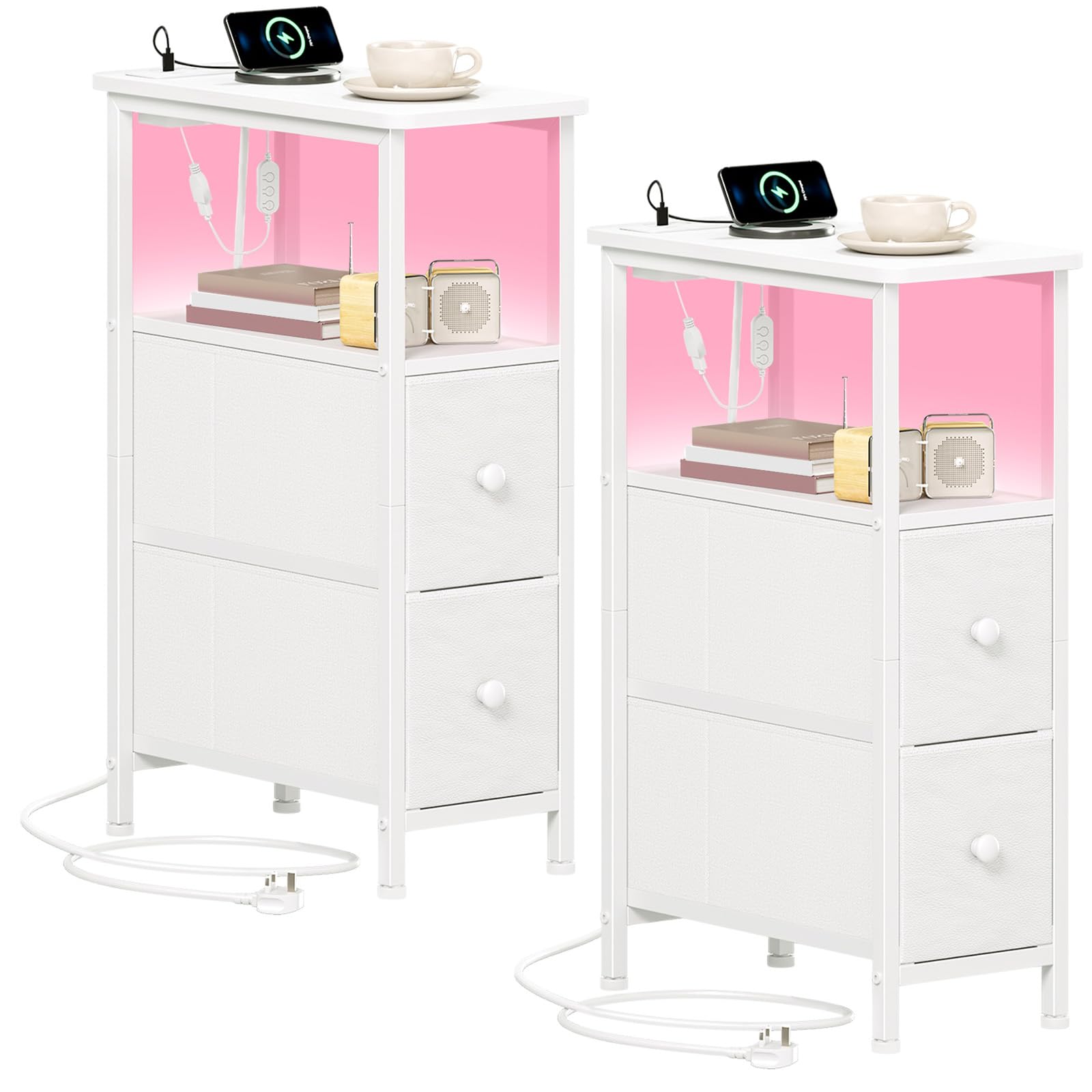 Somdot Narrow Bedside Table & 2 Fabric Drawers, 20cm Wide, Set of 2, White