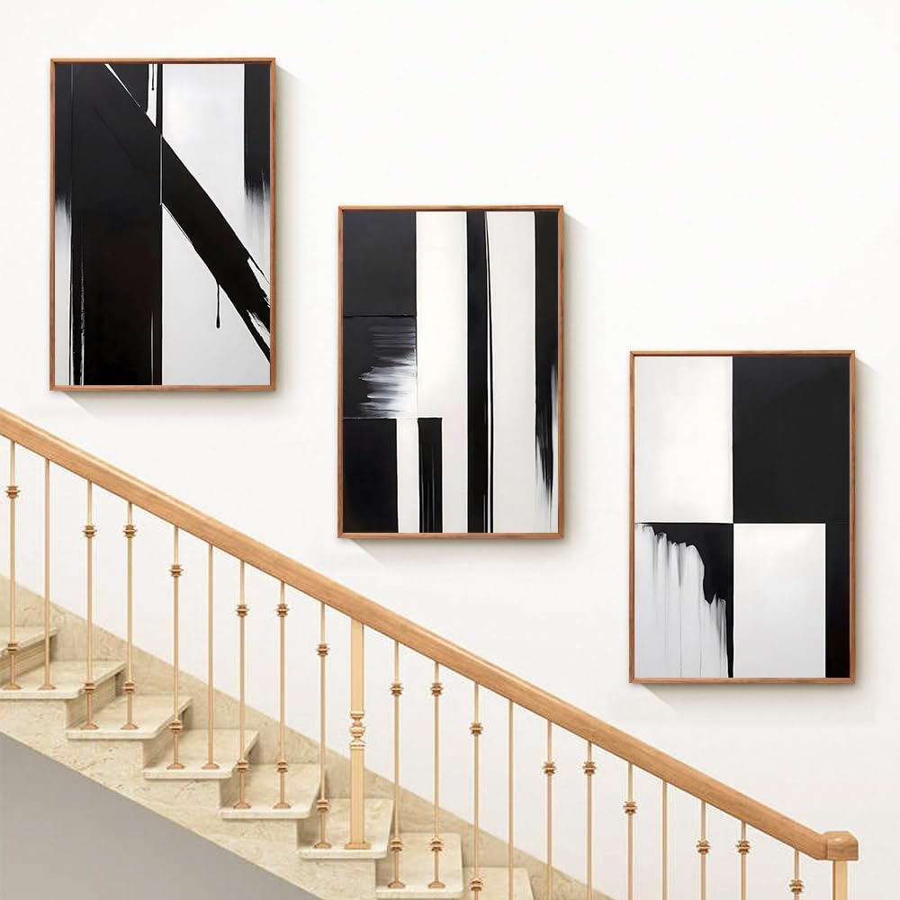 Large Framed Wood grain color Neutral Abstract Wall Art for Living Room, 3 Piece Boho Canvas Prints Paintings Artwork for Walls, Minimalist black white pictures for Hallway Office Wall Decor 16x24 In