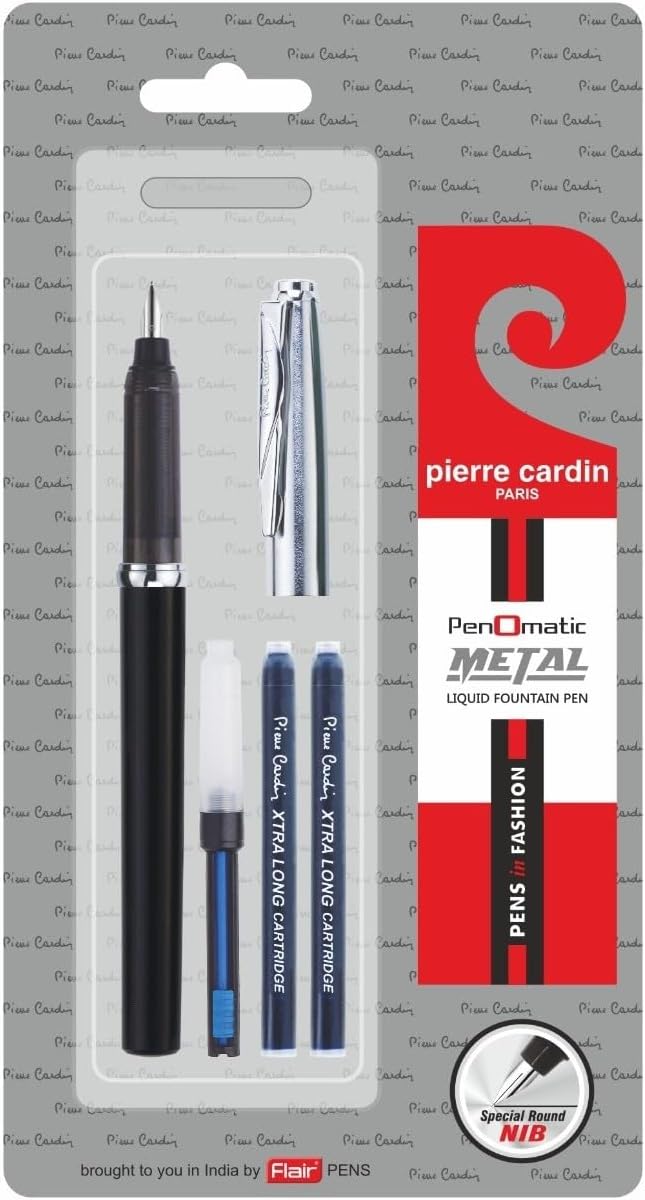 Pierre Cardin Penomatic Metal Exclusive Fountain Pen Blister Pack | Liquid Fountain Pen with Special Round Nib | Free Coverter & 2 x Xtra Long Cartridges | Ideal For Gifting | Blue Ink, Pack Of 1