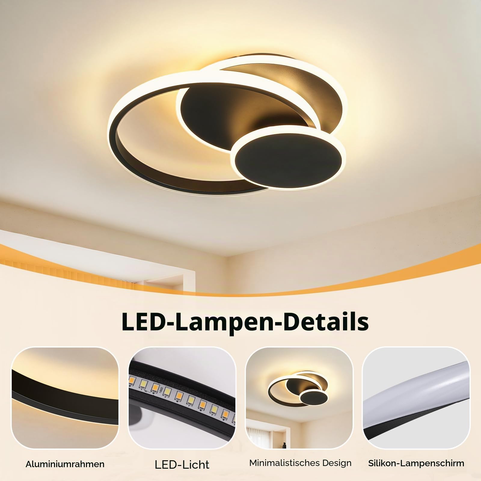 LED Deckenleuchte Wohnzimmer Deckenlampe, 33W Deckenleuchte Moderne mit Fernbedienung Dimmbar,3000K-6500K 3 Ring-Design Aluminium Led Deckenlampe für Wohnzimmer Schlafzimmer Küche,Schwarz,35*32*6.5cm