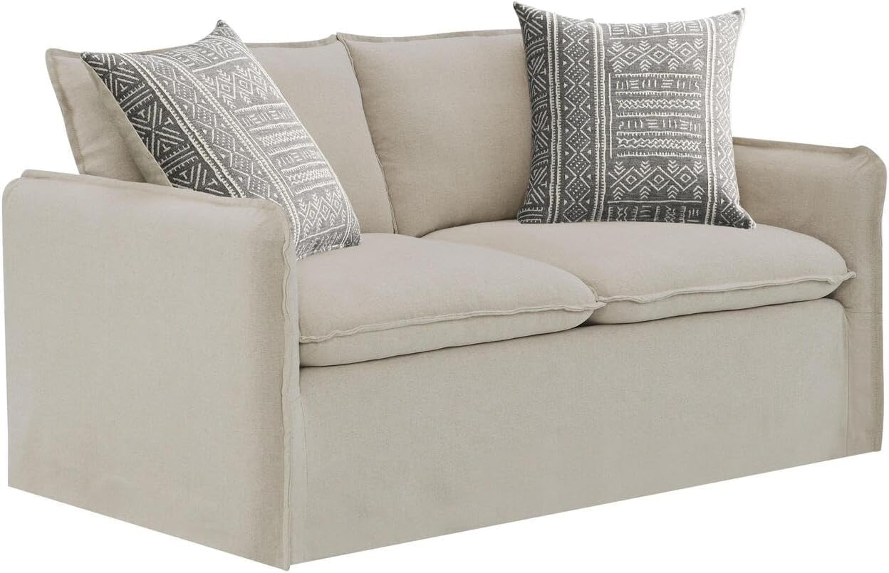 Beige Linen Loveseat with Removable Cushions and Wood Frame