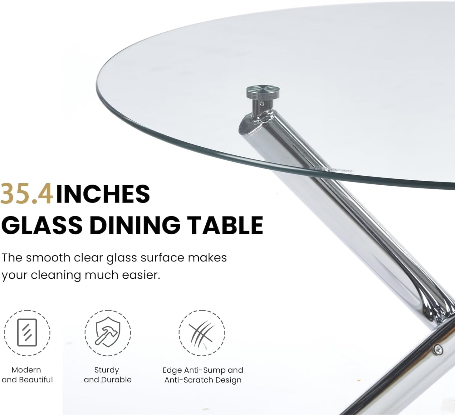 Henf 5 Piece Glass Dining Set with 4 Chair, Round Dining Table Set for 4, Upholstered Dining Chairs, 35.4'' Round Glass Kitchen Table and Chair Set for 4