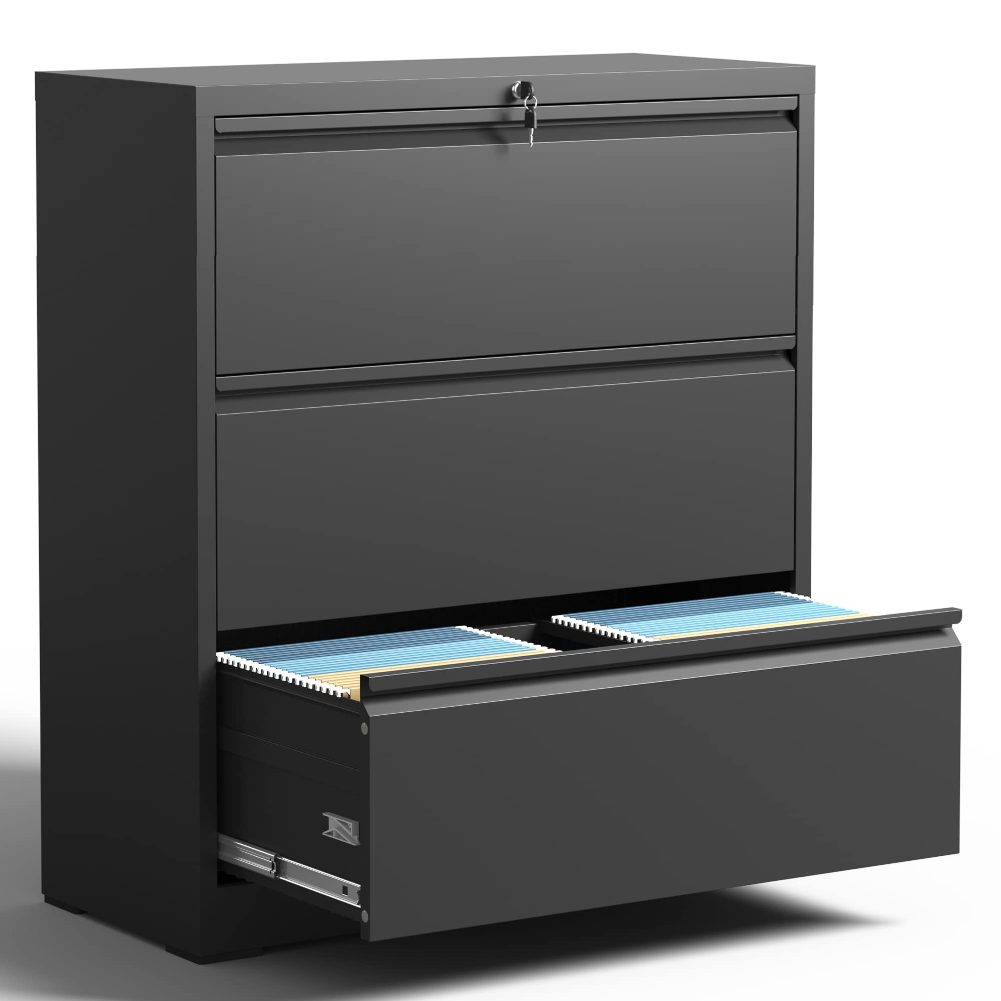 Yukimo 3 Drawer Lateral File Cabinet, File Cabinets for Home Office Legal/Letter A4 Size, File Cabinet with 3 Drawer Cabinet, Require Assembly, Black