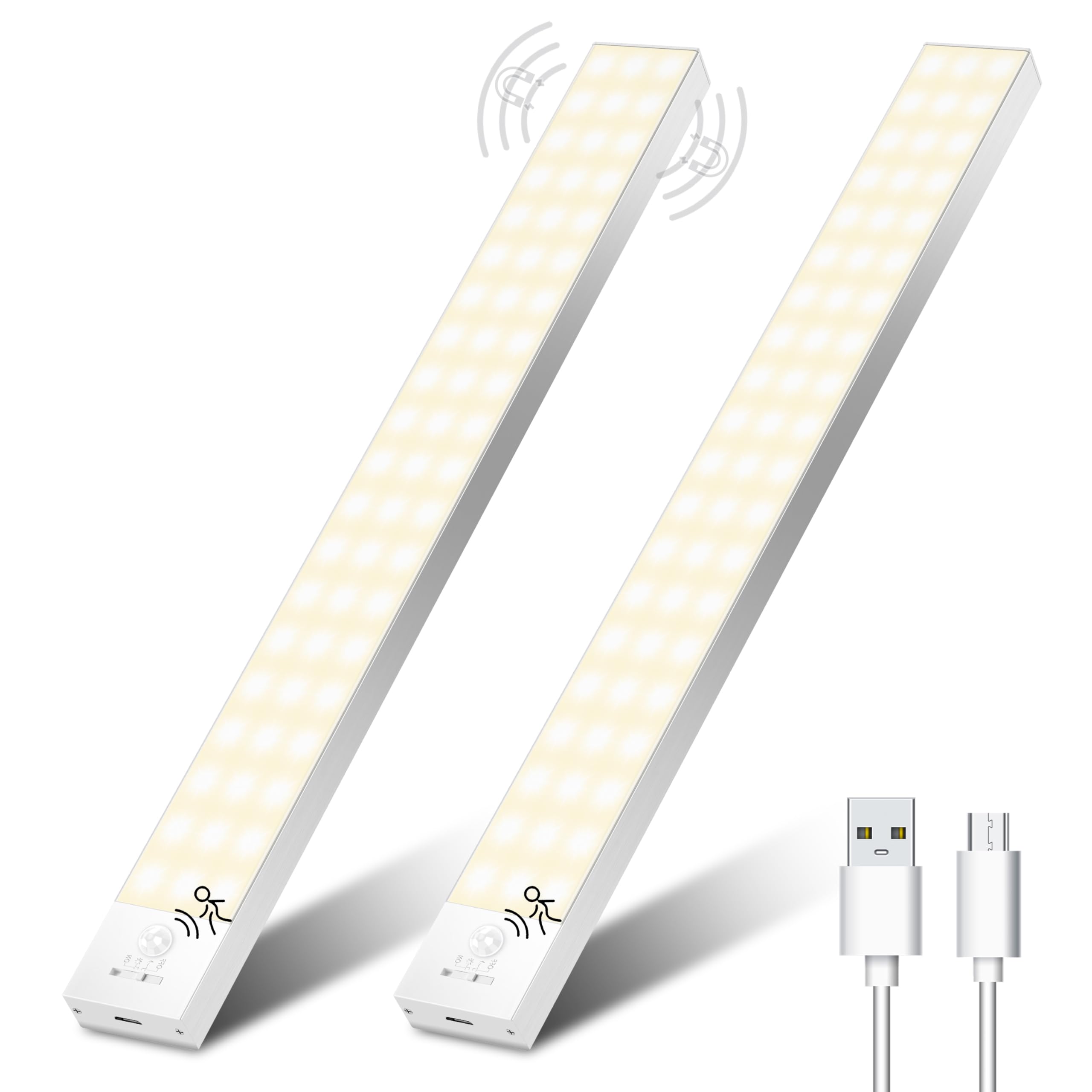 Ylatoial 3000K Motion Sensor Lights Indoor, 32Cm 2 Pack Rechargeable Under Cabinet Lights 1500Mah 60Leds Under Cabinet Light Counter Light Kitchen For Drawer Closet Kitchen Stairs