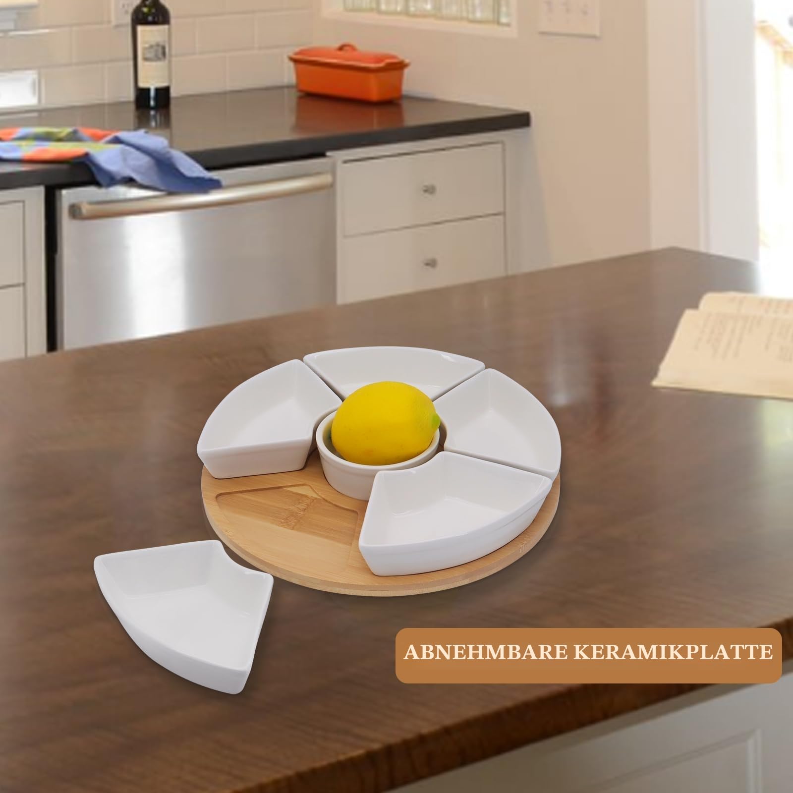 Drehbares Dip-Set,Lazy Susan Dip Set,Snackteller,Keramik Serviertablett mit Bambusplatte,geteilte Servierplatte mit 6 Schalen aus weißem Porzellan, für Vorspeisen, Obst,Süßigkeiten