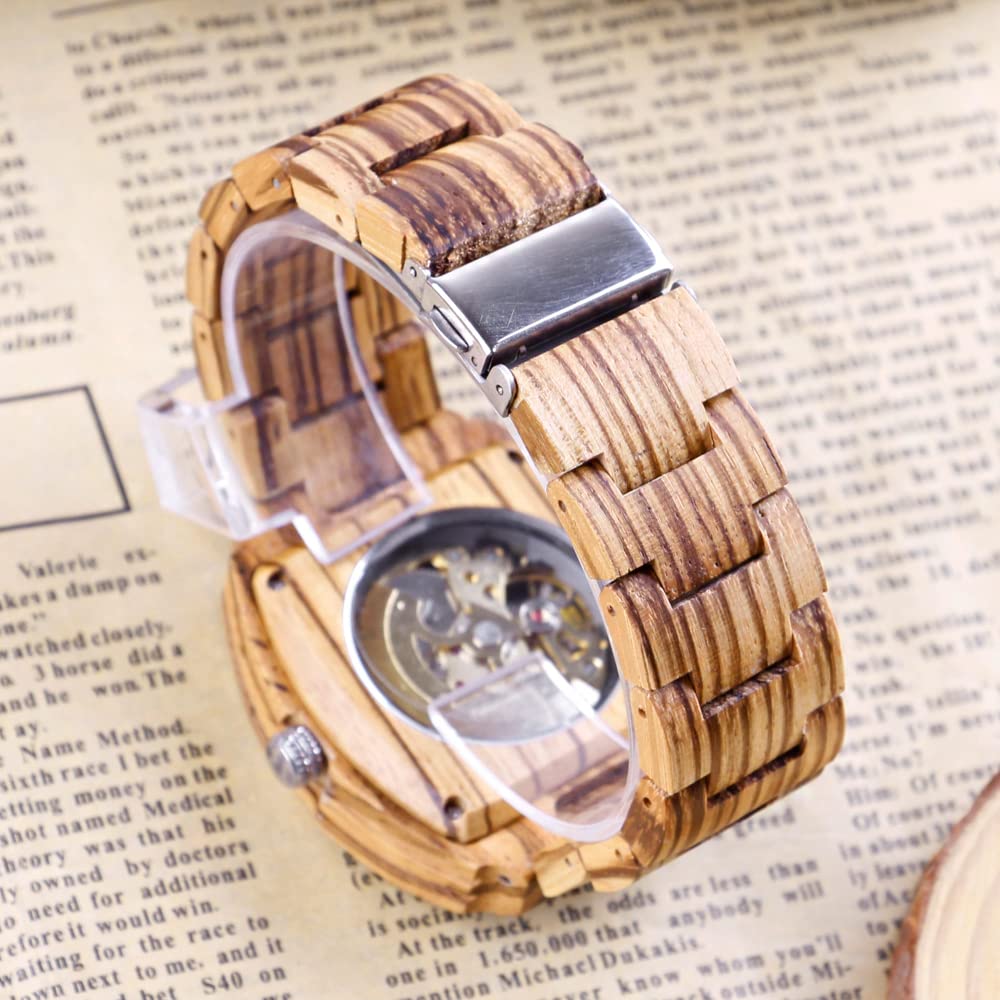 Dentily Men's Wooden Mechanical Watch Skeleton Automatic Movement Wood Watch Arabic Numbers Self-Winding Watches for Men