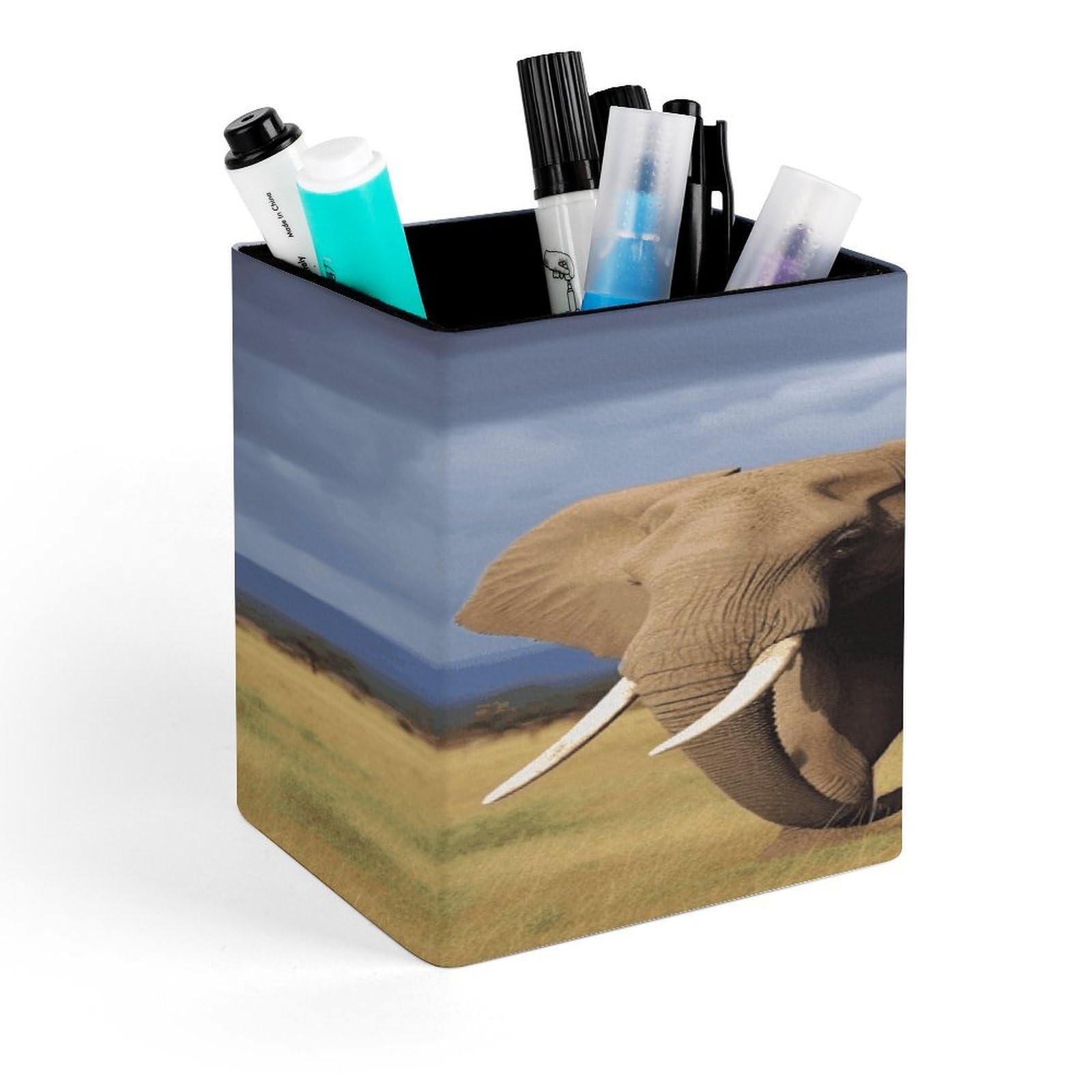 Africa Grassland Elephant Pencil Holder for Desk Square Leather Pen Holder Cup Desktop Organizer Multi-Functional Pencil Cup Holders Modern Decorative Desk Organizer Caddy Makeup Brush Holders
