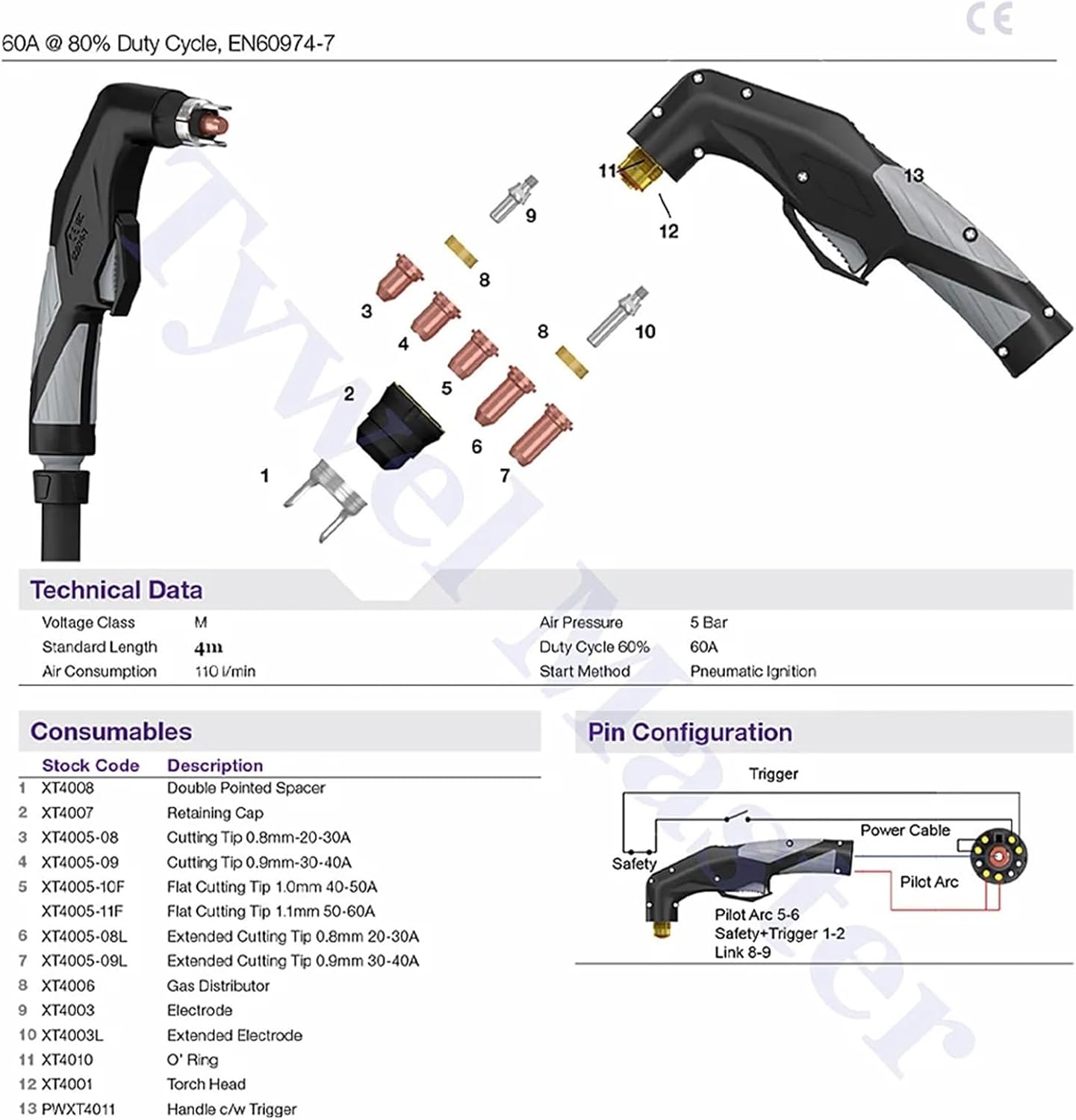 PT60 IPT60 PT-60 プラズマカッター 60A 4m 13ft なし HF 高周波プラズマ切断トーチなし