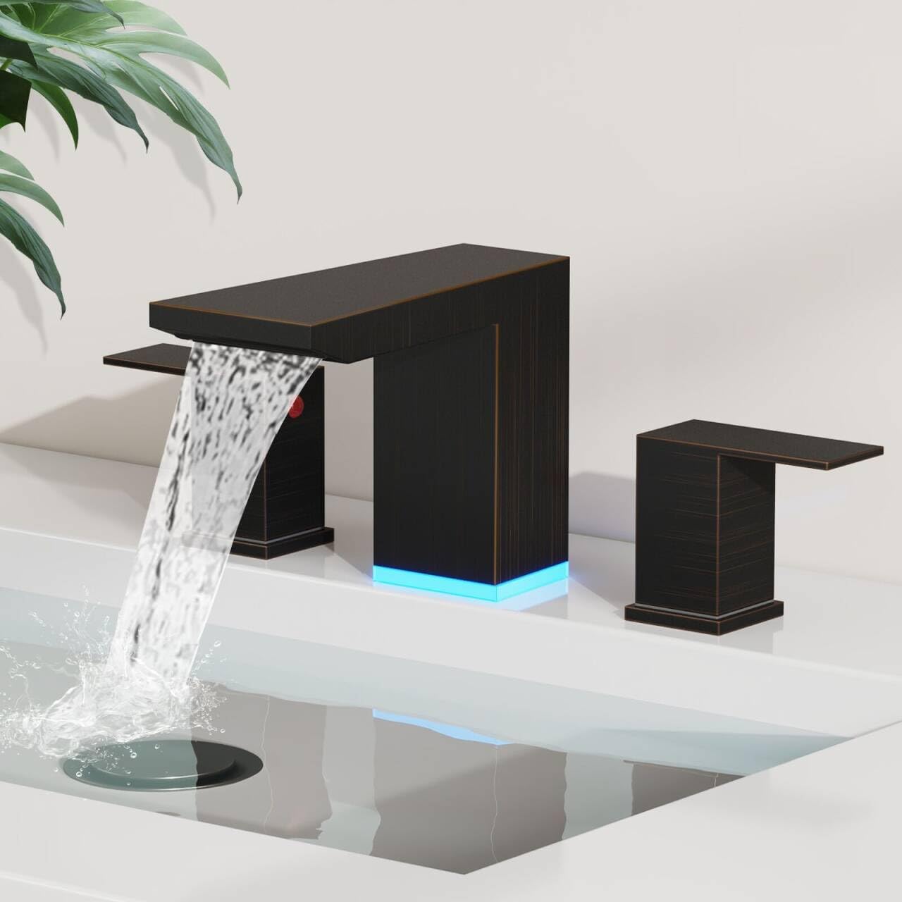 BESy LED Oil Rubbed Bronze Square Bathroom Faucets 3 Hole Waterfall 8 Inch Widespread with 3 Colors Light Changing Sink Faucet with Pop-up Drain, Supply Lines 2 Handles for Vanity, Lavatory, Restroom