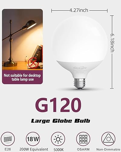 Miniatura 10 de LUXEXPE Bombilla de globo, bombilla globo G120, bombillas LED blancas de 4000 K, bombillas de globo grande de 18 W  200 W, base E26, 1800 lúmenes,