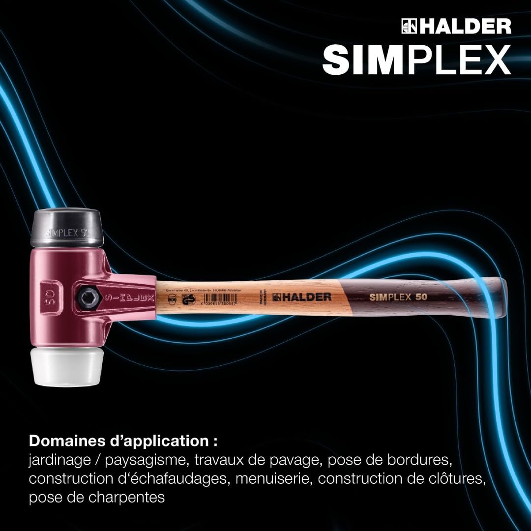 Maillet SIMPLEX, Caoutchouc chargé/superplastique; avec boîtier en fonte malléable et manche en bois | D=80 mm | 3027.080