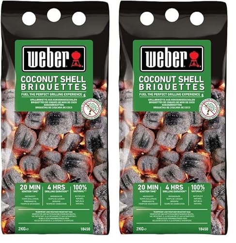 Weber Briquettes de Coques de Noix de Coco (2kg), performantes, pour Une Combustion Longue et constante, idéales pour Griller longuement Les Aliments, 100% Naturelles (18450) (Lot de 2)