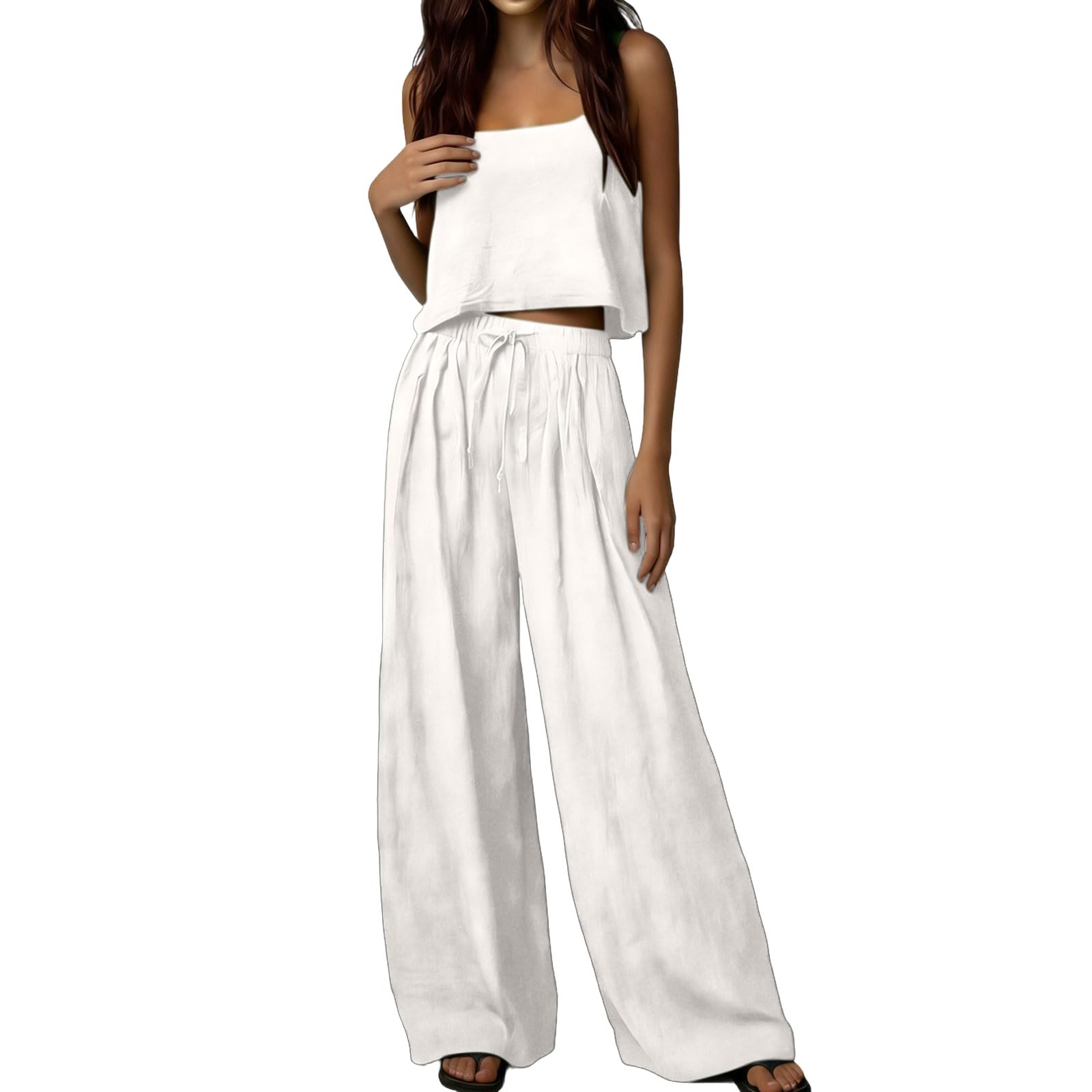 Combinaison 2 pièces en lin respirant pour femme - Fluide - 2 pièces - Léger - Sans manches - Haut et pantalon - Coton et lin - Combinaison de loisirs d'été décontractée
