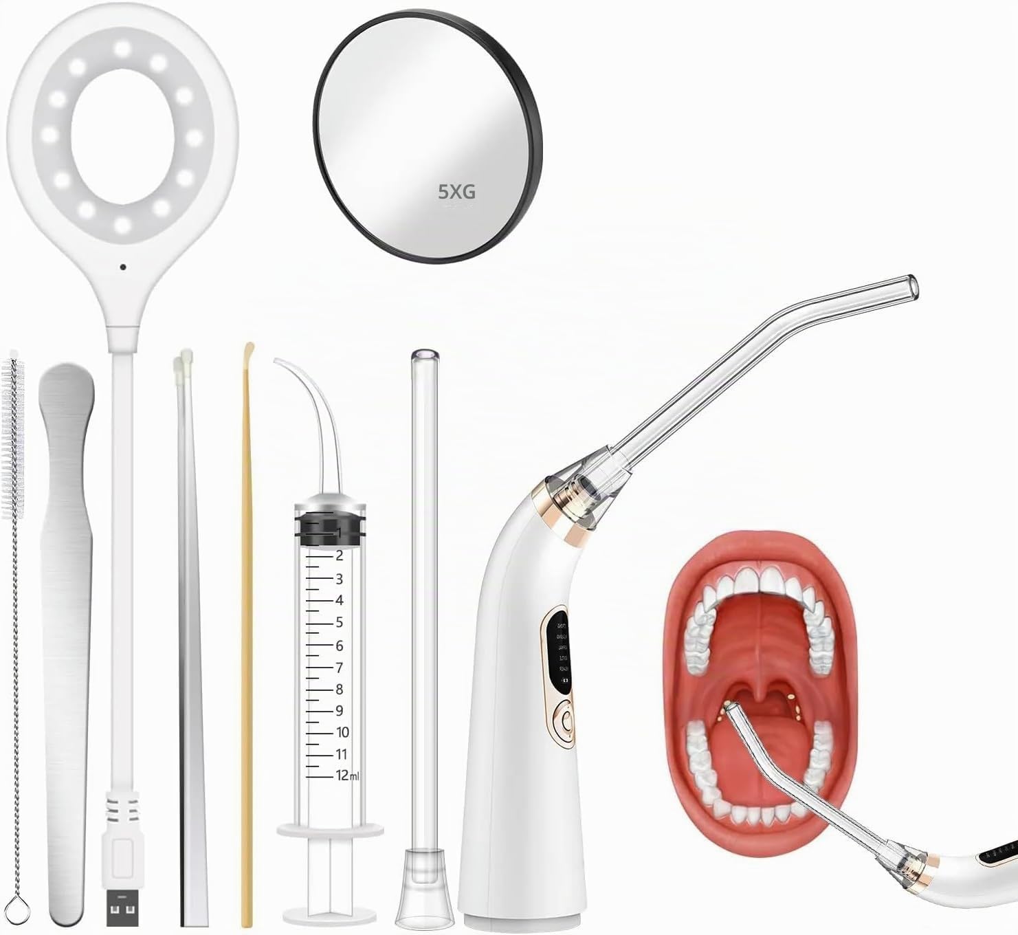 Kit de extracción de almendras eléctricas, pipeta de aspiración al vacío, kit completo para eliminar las almendras - aliento fresco - espejo de 5 aumentos, depresor de lengua y jeringa