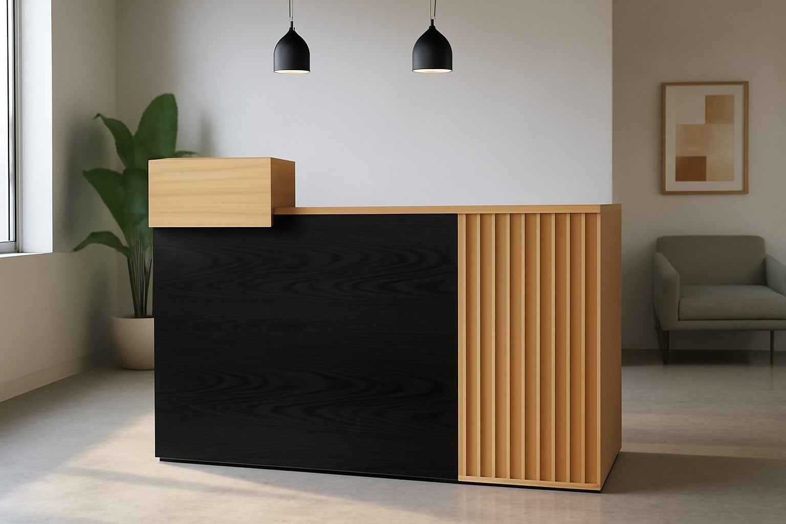 Jet-Line Bancone di ricezione Avignon, reception, bancone di reception, postazione di lavoro per salone, studi, studi o uffici, nero con effetto legno, 120 x 50 x 75 cm