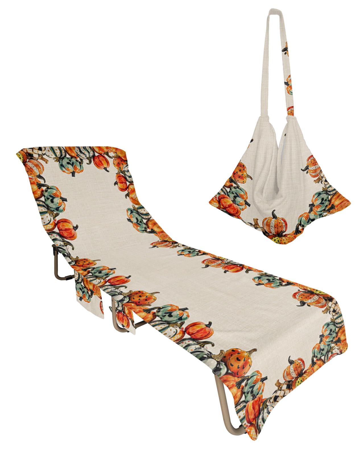 Funny Pumpkins, Beach Lounge Chair Towel Cover, Soft Chaise Lounge Towel with Side Pockets Patio Pool Chairs Cover for Beach/Pool Sunbathing 29x85 Boho Fall Thanksgiving Polka Dot Check
