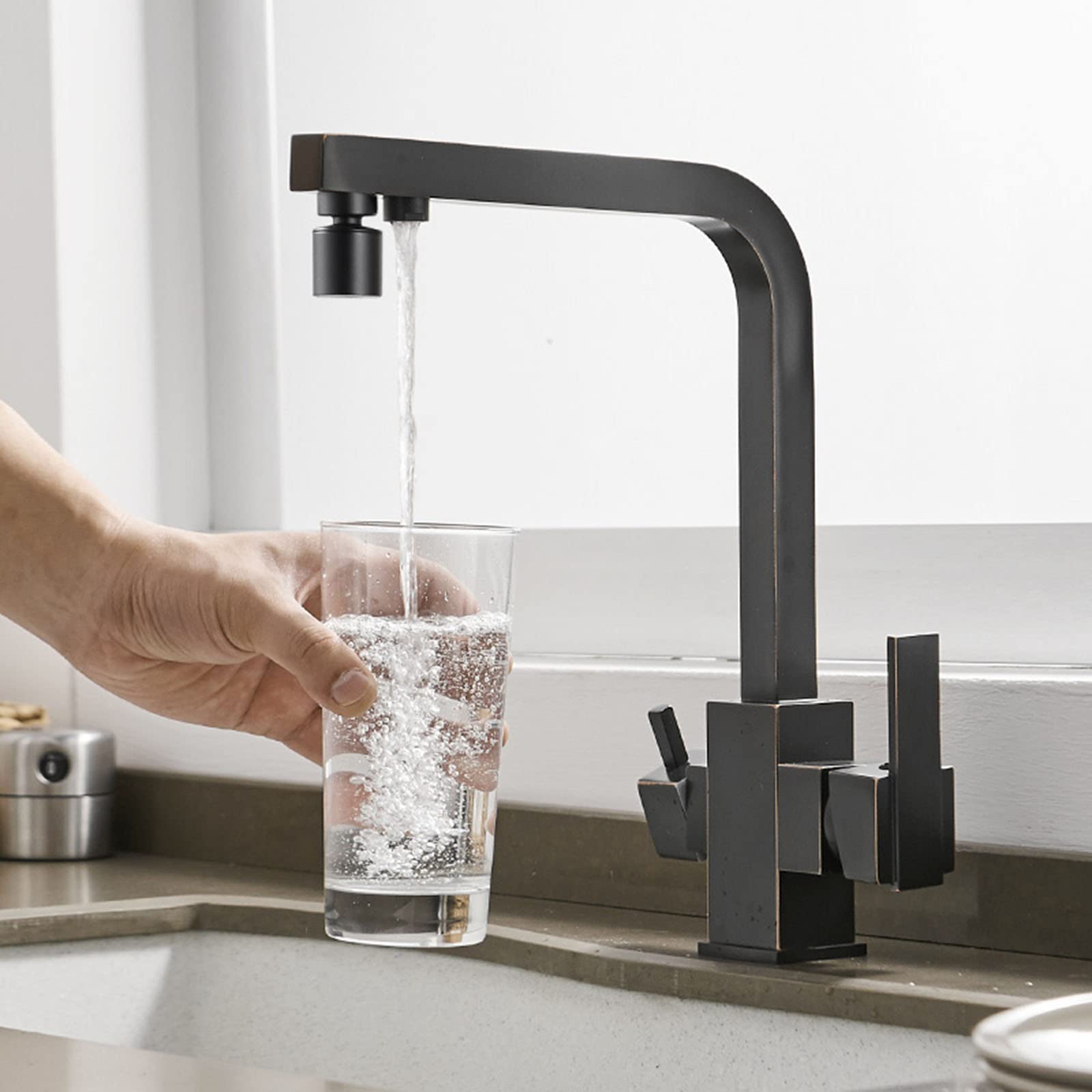 Filtro de agua para grifo de cocina negro de 3 vías, sistema de ósmosis de doble mango para fregadero, modo C y ADualmodus, fácil instalación, diseño contemporáneo, alto caudal