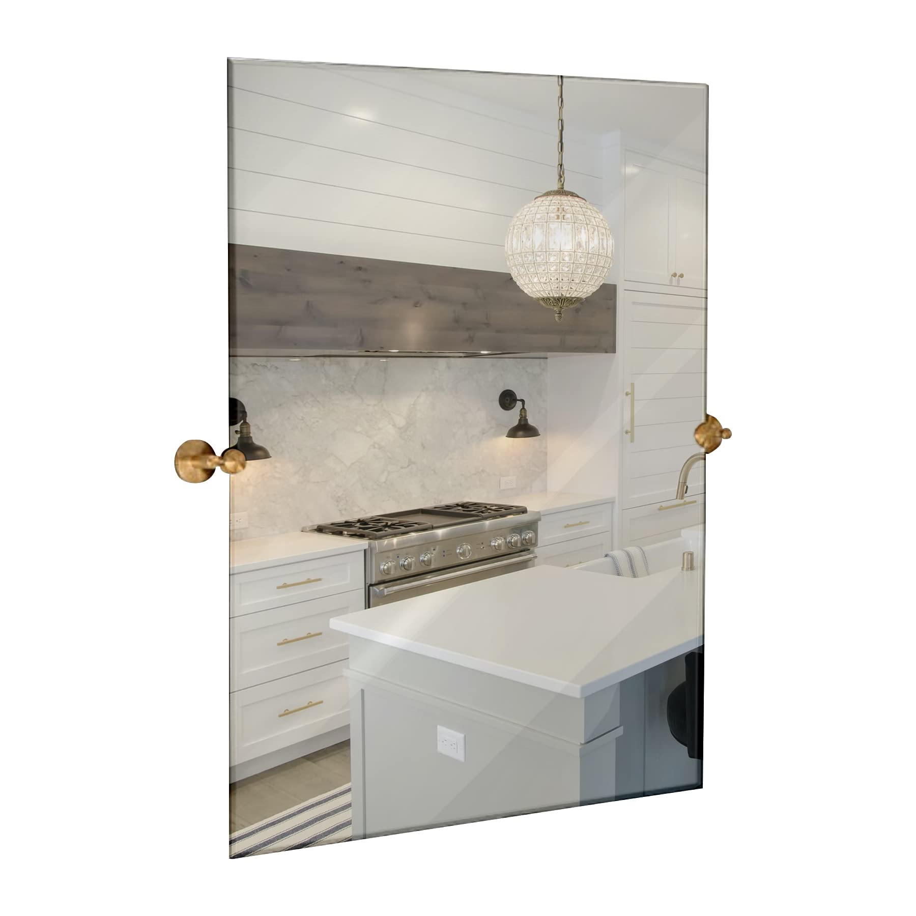 Hamilton Hills 30x40 inch Frameless Pivot Mirrors for Bathrooms with Brushed Gold Rounded Wall Brackets | Rectangular Tilting & Farmhouse Wall-Mounted Vanity | Hangs Horizontally and Vertically