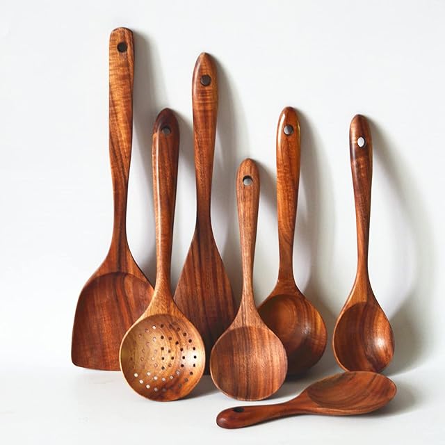 Wooden Spatula Set 7pcs Natural Teak Kitchen Cooking Utensil Wooden Spoon