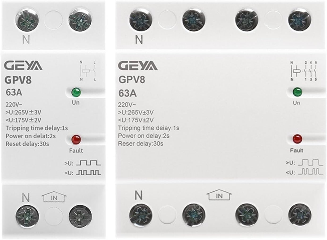 GPV8-63 Din Rail Automatic Over Under Voltage Protector 220V AC Single Phase & Three Self Resetting 80A(40a,GPV8-D 4P)
