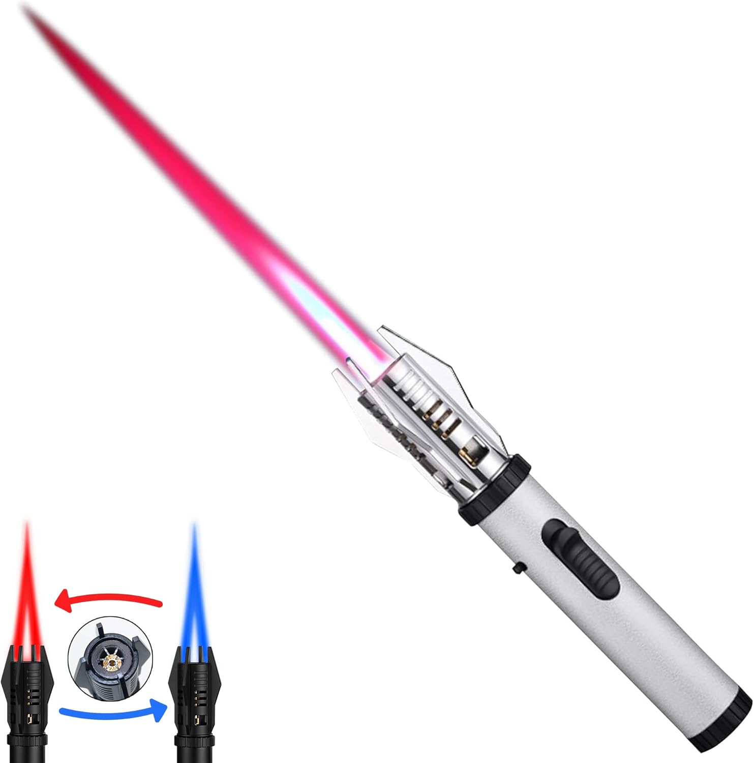 Torch Lighter, Bright Fire Lighter with Safety Lock and Adjustable Red/Blue Flame, Refillable Butane Gas Windproof Jet Flame Cool Lighters, for Candles Campfires BBQ Baking, Camping, Gift White