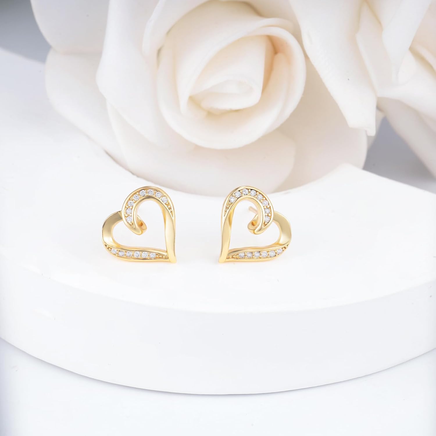 Heart Stud Earrings for Women - Sterling Silver Double Love Heart-Shaped Earrings for Lady Hypoallergenic Silver/Gold Sparkle Cubic Zirconia Post Earring Classic Jewelry Gifts for Her Wife Mother - Image 4