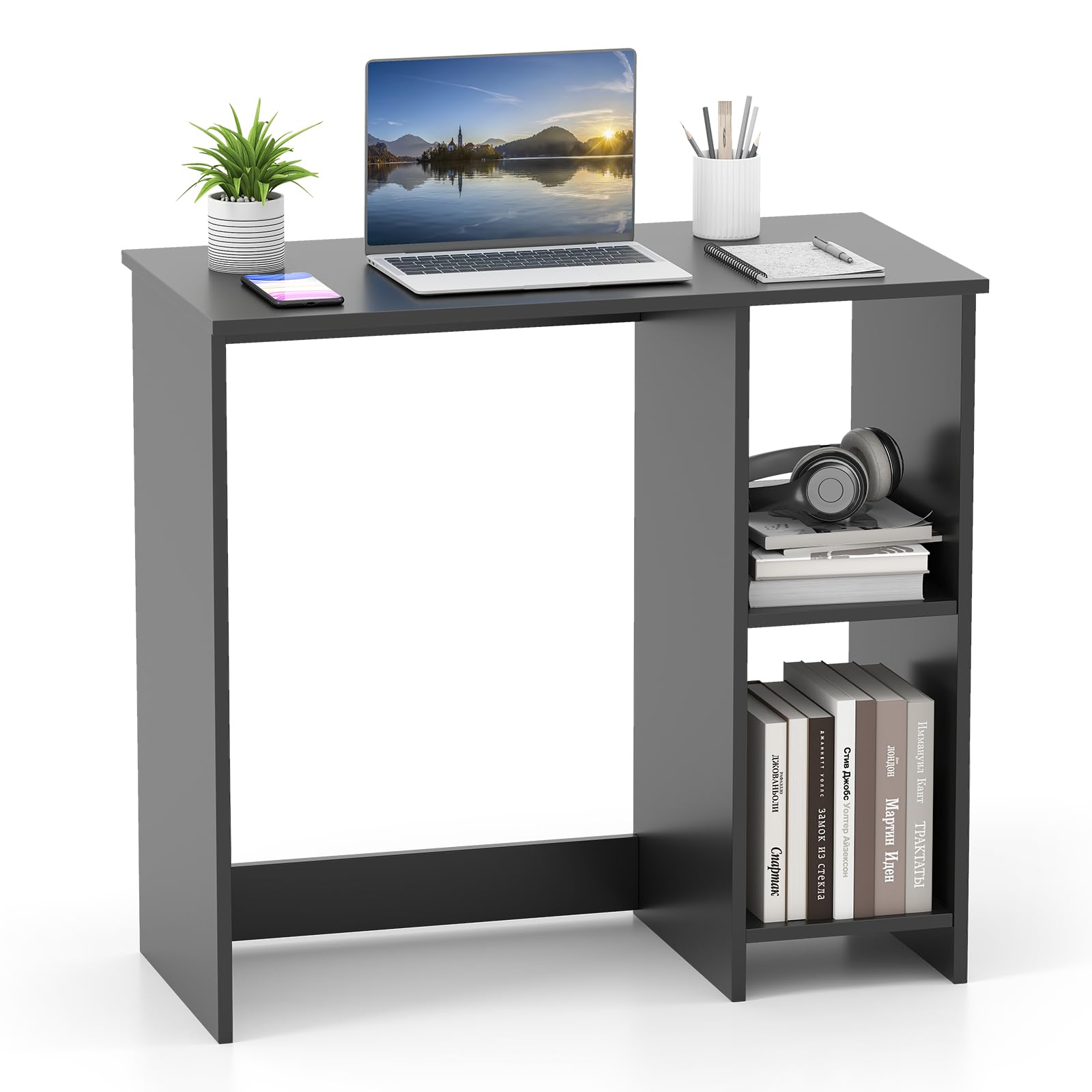 Giantex Small Desk with Storage, 31.5 Inch Home Office Computer Desk with Shelves, Space Saving Study Writing Desk, Modern Simple Laptop Desk for