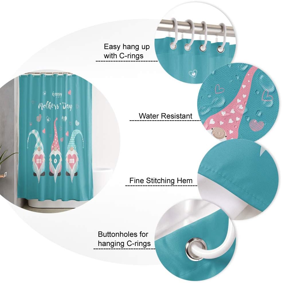 ALAGEO Mother's Day Gnomes Shower Curtain Love Heart Turquoise Shower Curtains for Bathroom Curtain Sets with Hooks Waterproof Fabric Bath Curtain Extra Long 72" x 84"