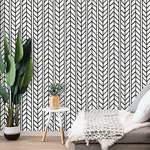 Peel and Stick Wallpaper Boho Wallpaper Herringbone Peel and Stick Wallpaper Black and White 17.7