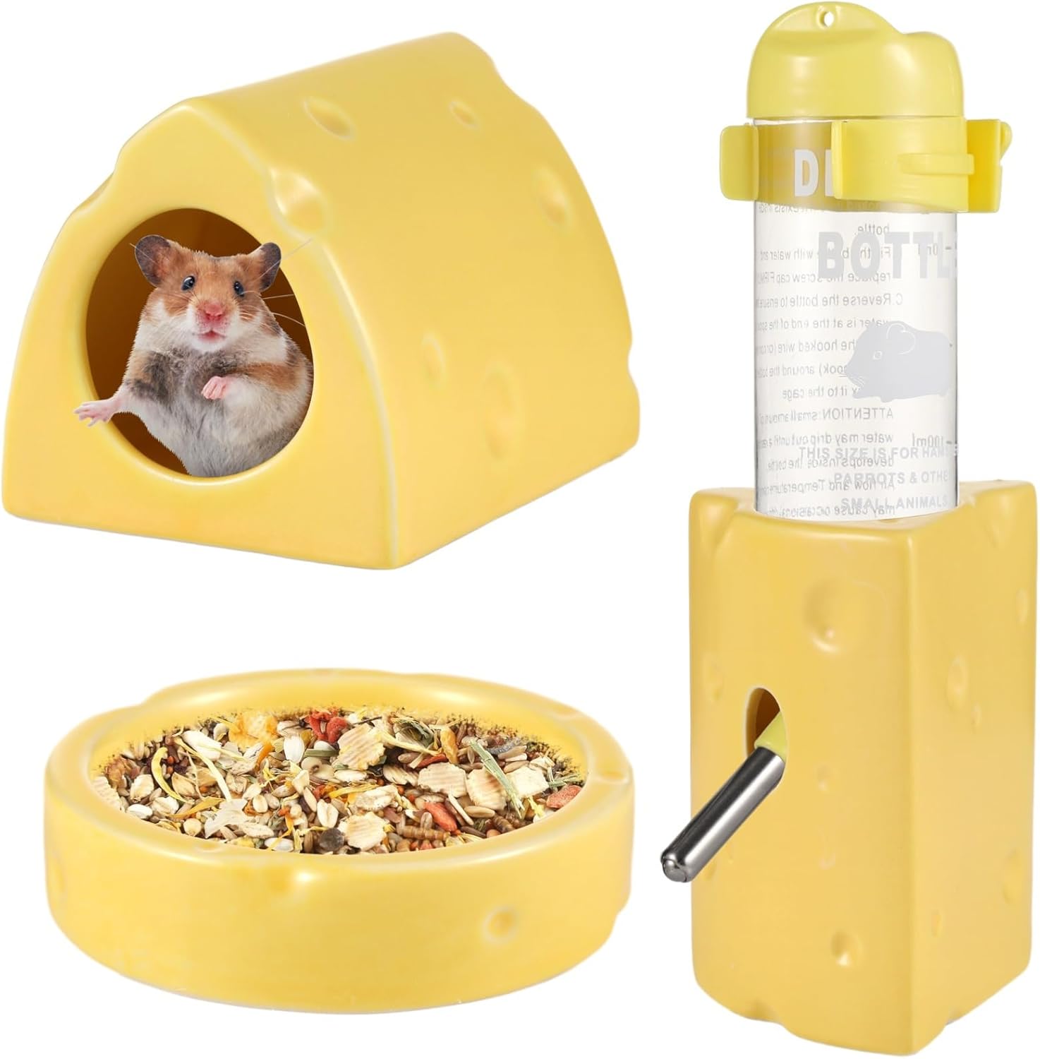 BOSREROY Ceramic 3-Piece Hamster Nest Set, Includes Cute Cream Bread Hideout, Food Bowl, and Drinking Feeder for Small Animals