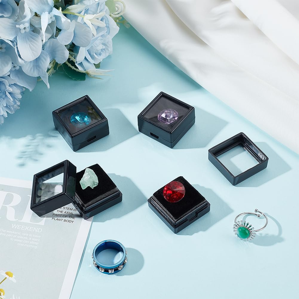 BENECREAT 72 Pack Gemstone Display Box Plastic Diamond Display Case Black Jewelry Box with Clear Lids, Sponge for Treat, Gems, Diamond, Gift Packing, 1.2x1.2x0.6