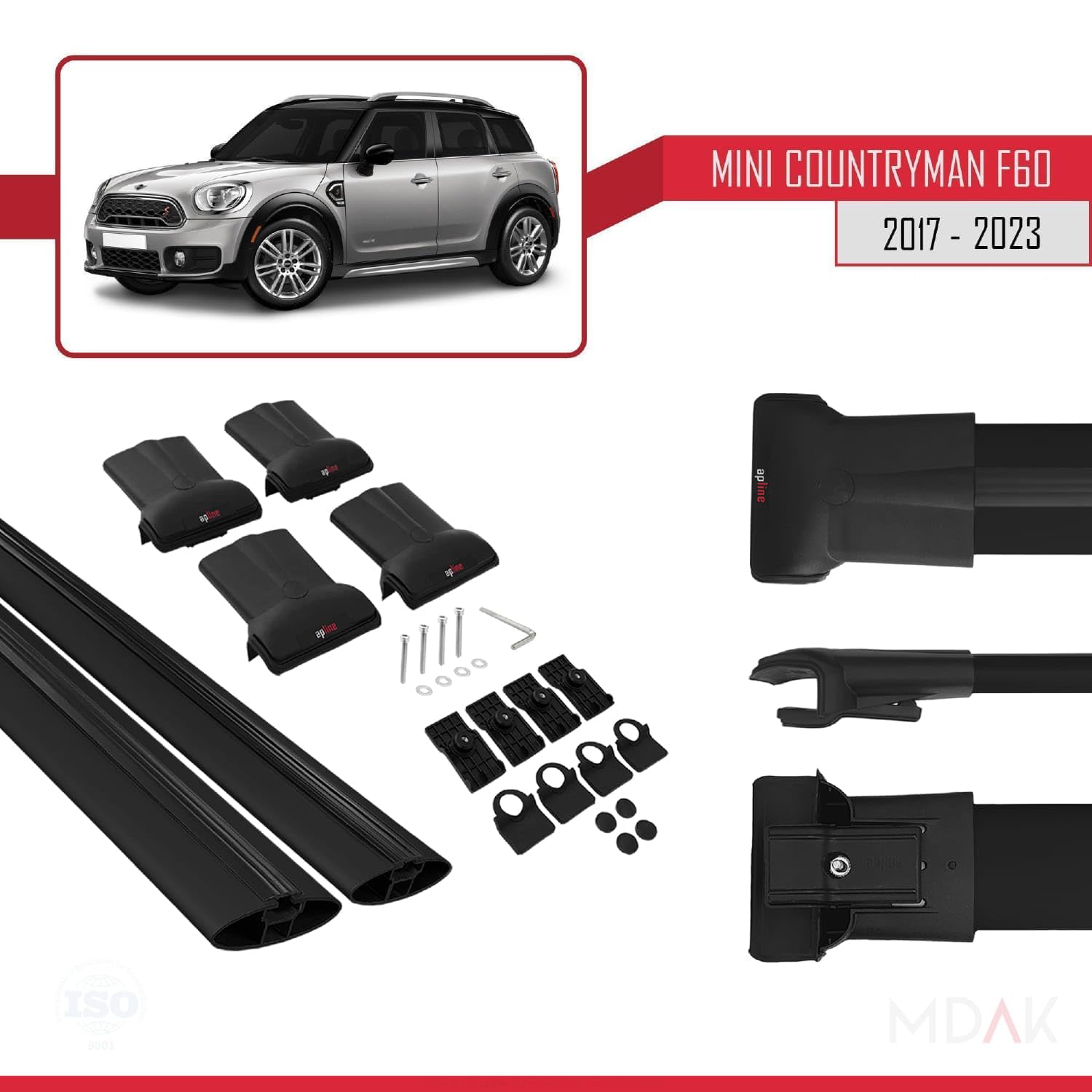 MDAK Barre Portapacchi In Alluminio Per Mini Countryman 2 (F60) 2017-2023 - Modello FLY, Colore Nero, Set Da 2 Barre Portatutto Per Tetto