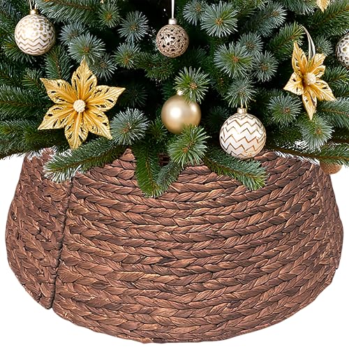 Laquedecraft Handwoven Christmas Tree Collar – Natural Water Hyacinth Rattan Ring, Rustic Boho Holiday Decoration for Artificial Trees, Cozy Farmhouse Look (27 inch, Brown Wash)