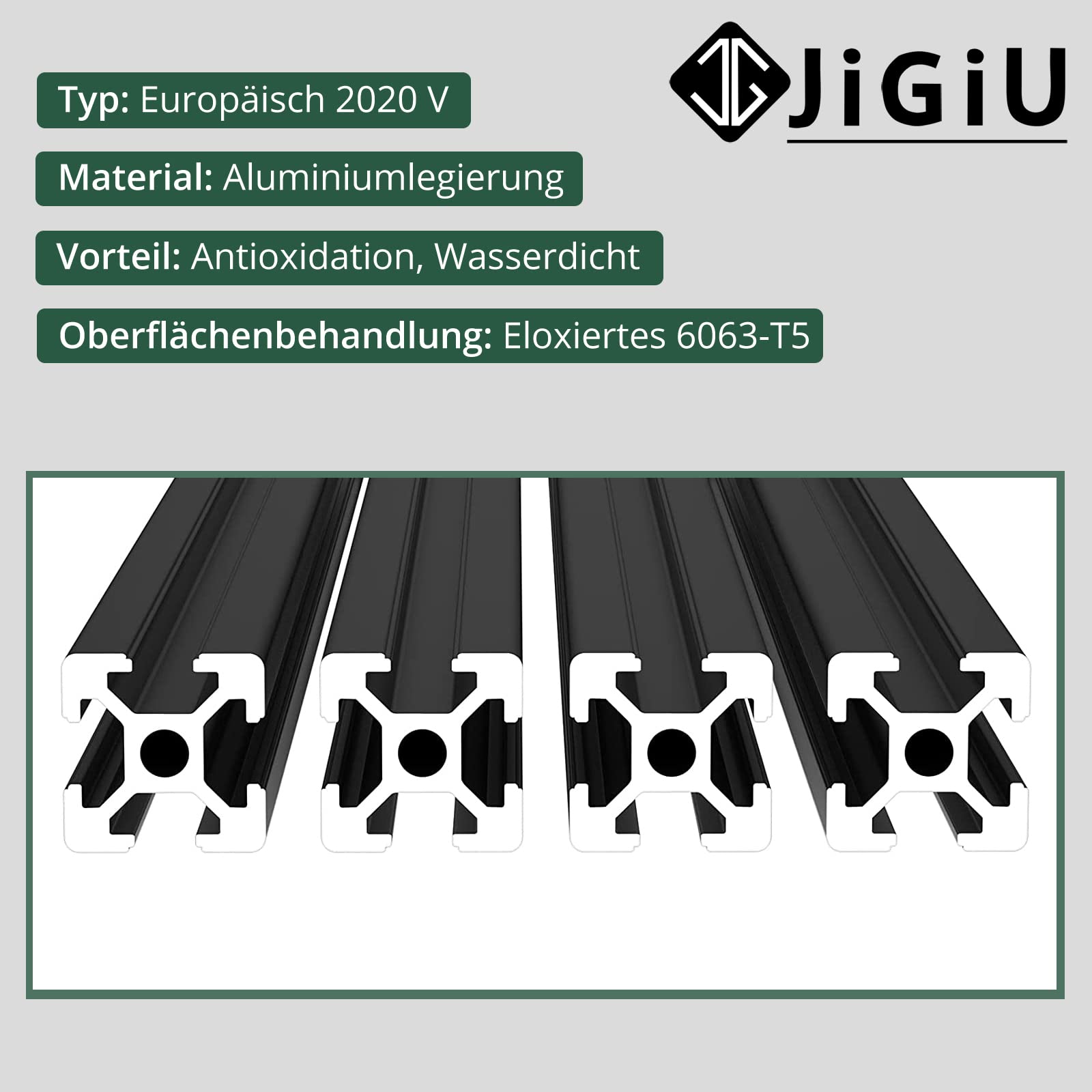 JiGiU 1000mm 2020 V-Slot Profil aluminiowy czarny zgodnie z europejską standardową standardem 6063-t5 Surface 20x20 Rail 6 mm 6 mm do majsterkowicz (9 sztuk)