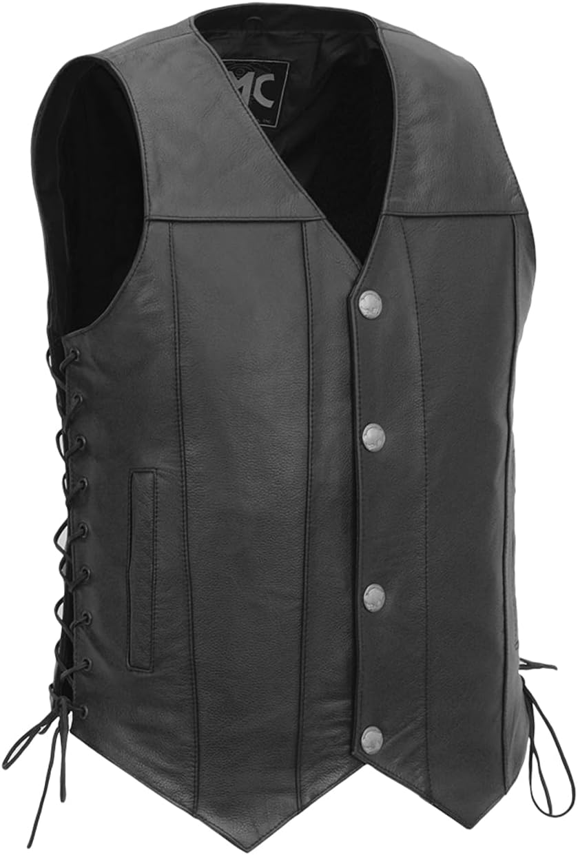 First Mfg Co - Gun Slinger - Men’s Motorcycle Leather Vest Biker Riding Western Style V-neck Vest with Adjustable Side Lacing