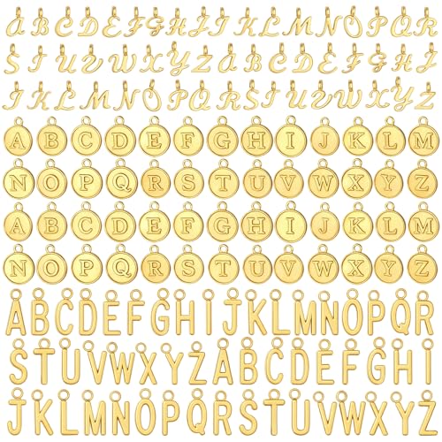 FdcLixuvol 156PCS Alphabet ABC Letter Charms, Gold Letter Charms for Bracelets, Capital A-Z Charm Pendant Necklace Charm with 200PCS Open Jump Rings for DIY Crafting Jewelry Making Supplies, 3 Styles